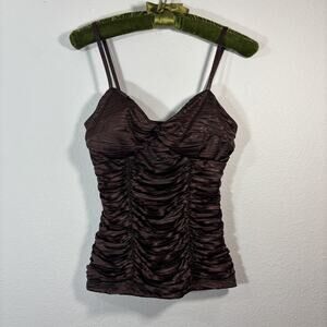 A Byer Vintage Y2k Cami Brown Satin Tank Top Ruched M Coquette Fairy Made In USA